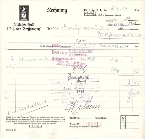 Rechnung, Verlagsanstalt List & Bressensdorf, Leipzig C 1, 29.10.39