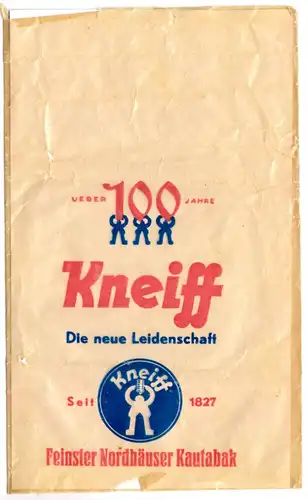 Werbetüte, 100 [Jahre] C. A. Kneiff, Feinster Nordhäuser Kautabak, um 1927