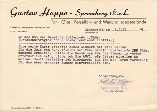 Anschreiben, Fa. Gustav Hoppe, Spremberg, bzgl. Ferienplatz, 8.7.57