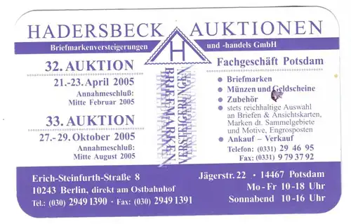 Kalender Scheckkartenformat, 2005, Werbung: Hardersbeck Auktionen, Berlin