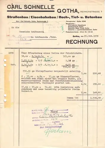 Rechnung, Fa. Carl Schnelle, Gotha, Straßen- und Eisenbahnbau, 20.10.39