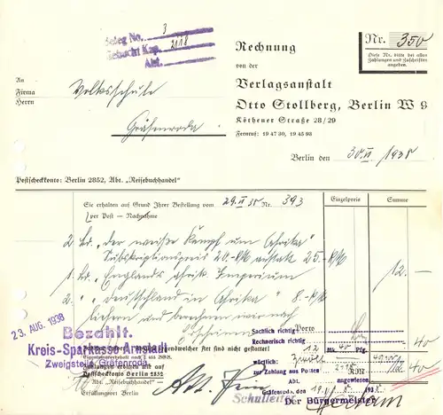 Rechnung, Verlagsanstalt Otto Stollberg, Berlin W 9, 1938