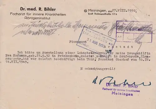 Anschreiben, Dr. med R. Bihler, Meiningen, bzgl. Lohnsteuerkarte, 27.8.50