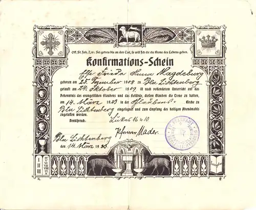 Konfirmations-Schein, Ev. Pfarramt Berlin Lichtenberg, Glaubenskirche, 14.03.23