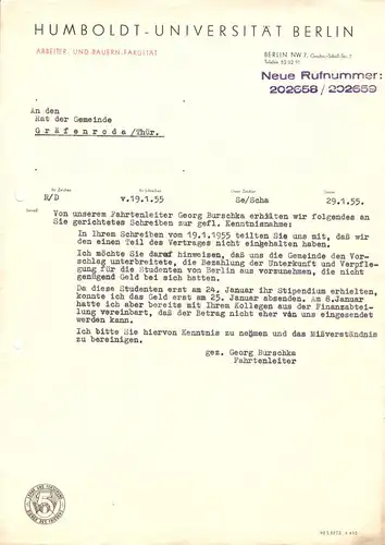 Anschreiben, Humboldt-Universität Berlin, ABF, 29.1.1955