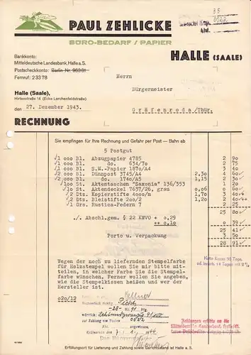 Rechnung, Fa. Paul Zehlicke, Büro-Bedarf, Halle (Saale), 27.12.43