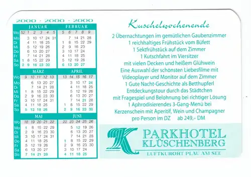Kalender Scheckkartenformat, 2000, Werbung: Parkhotel Klüschenberg