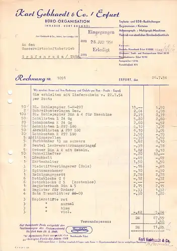 Rechnung, Fa. Karl Gebhardt & Co., Erfurt, Büroorganisation, 26.7.54