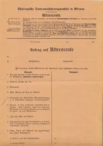 Thüringische Landesversicherungsanstalt Weimar, Antrag  auf Altersrente, 1921