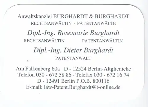 Kalender Scheckkartenformat, 2003, Werbung: Anwaltskanzlei Burghardt, Berlin