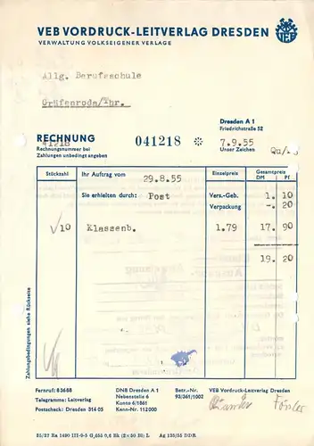 Rechnung, VEB Vordruck-Leitverlag, Dresden A 1, Friedrichstr. 52, 7.9.1955