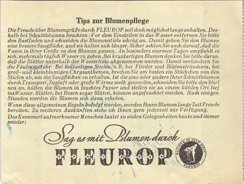 Fleurop-Bestellung und Quittung, 1966