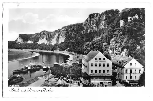 AK, Kurort Rathen, Teilansicht mit Hotel Erbgericht, 1956