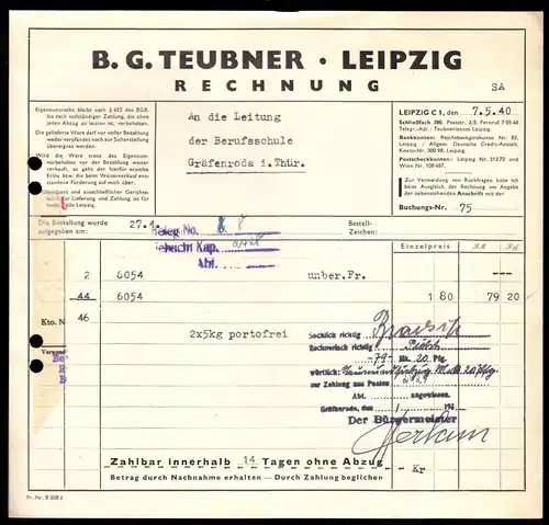 Rechnung, Fa. B. G. Teubner, Leipzig, 7.5.40