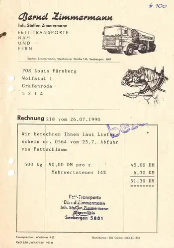 Rechnung illustriert, Fa. Bernd Zimmermann, Fett - Transporte, Seebergen 26.7.90