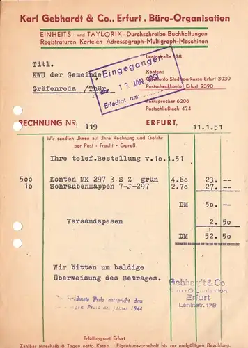 Rechnung, Fa. Karl Gebhardt & Co., Büro-Organisation, Erfurt, 11.1.51