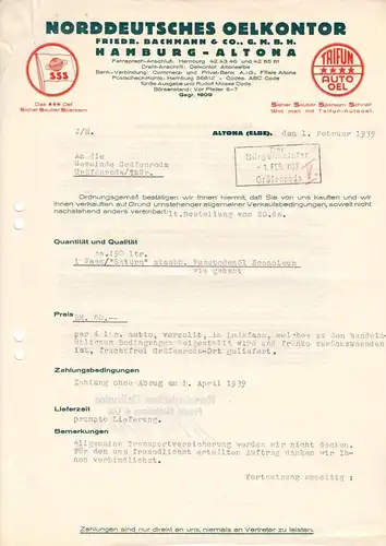 Rechnung, Norddeutsches Oelkontor Friedr. Bachmann & Co., Hamburg Altona, 1.2.39