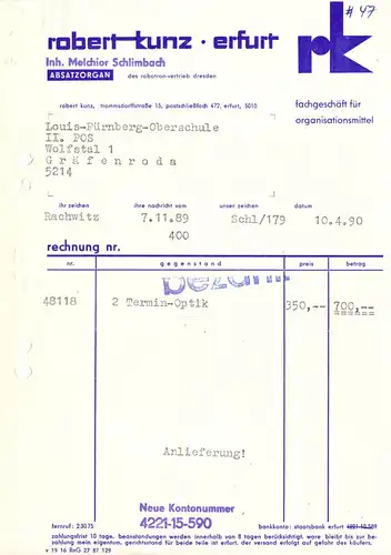 Rechnung, Fa. Robert Kunz, Erfurt, Robotron-Vertrieb, 10.4.90