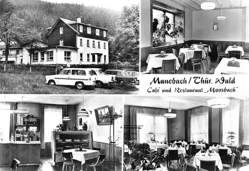 AK, Manebach Thür. Wald, Café und Restaurant "Moosbach", vier Abb., 1983