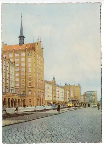 AK, Rostock, Lange Str. mit Hochhaus, 1962