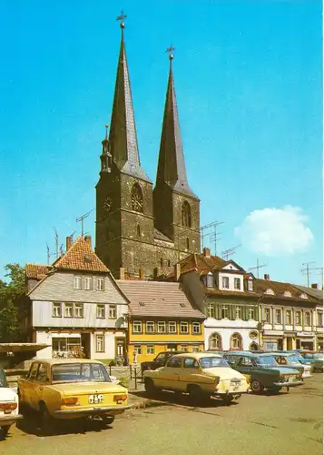AK, Quedlinburg, Blick vom Mathildenbrunnen zur Nikolaikirche, 1983