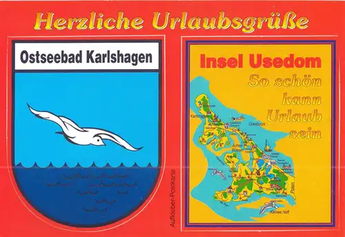 AK, Ostseebad Karlshgen Usedom, Aufkleber-Postkarte, um 1995