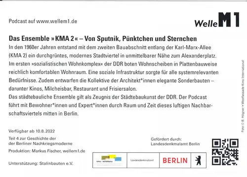 AK, Berlin Mitte, Karl-Marx-Allee, Werbekarte für Podcast der Welle M1, um 2022