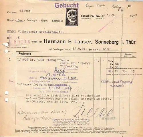 zwei Rechnungen, Hermann E. Lauser, Sonneberg i. Thür., 19.9.1947