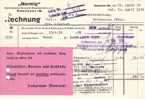 Rechnung, "Normig" Norddeutsche Mineralölgesellschaft mbH, Hannover-M, 21.4.38