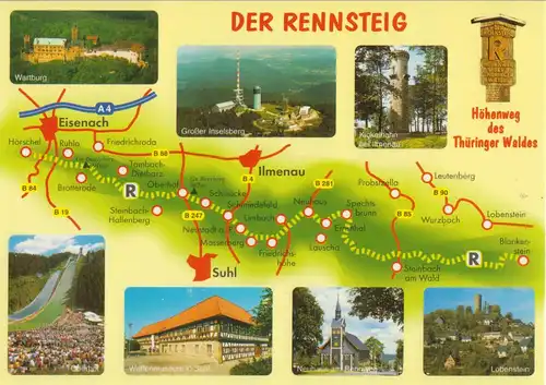 AK, Der Rennsteig, Thüringen, Landkarte mit acht Abb., um 2005