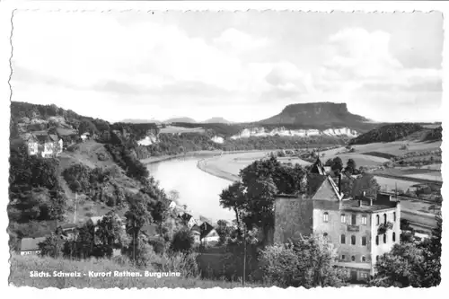 AK, Kurort Rathen Sächsische Schweiz, Totale mit Burgruine, 1957