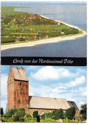 AK, Insel Föhr, Südstrand und St. Nicolai-Kirche, 1966