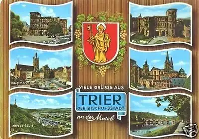 AK, Trier, 6 Abb., u.a. Porta Nigra, Hauptmarkt, 1969