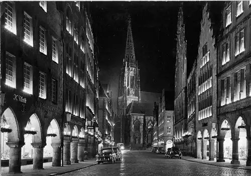 AK, Münster Westf., Straßenpartie mit Kirche, Nachtansicht, 1963