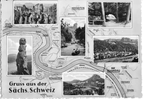 AK, Gruss aus der Sächs. Schweiz, sechs Abb., Landkarte, 1966