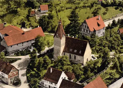 AK, Eutendorf Würrt., Ortsmitte mit Kirche, Luftbild, um 1972