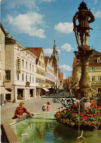 AK, Reutlingen, Marktbrunnen mit Wilhelmstr., 1970