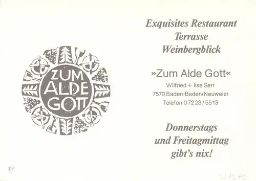 AK, Baden-Baden / Neuweier, Restaurant "Zum Alde Gott", um 1980