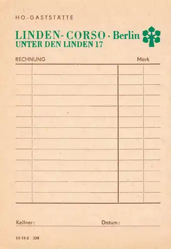 Berlin Mitte, Gaststätte Linden-Corso, Rechnung blanko, 1980er