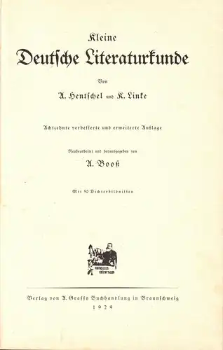 Hentschel, A.; Linke, K.; Kleine Deutsche Literaturkunde, 1929