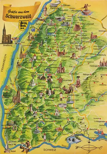 AK, Landkarte auf Ansichtskarte, Grüße aus dem Schwarzwald, 1981