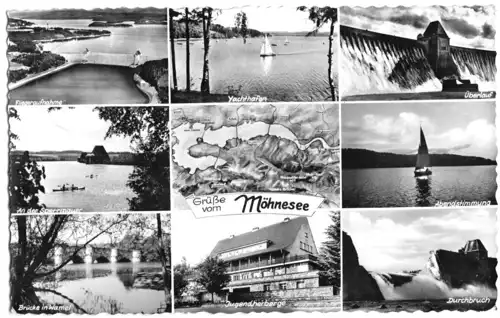 AK, Möhnesee, Grüße vom Möhnesee, neun Abb., um 1959