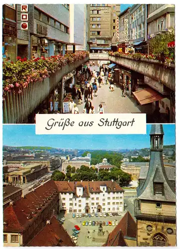 AK, Stuttgart, zwei Abb., Schulstraße und Panorama von der Stiftskirche, um 1968