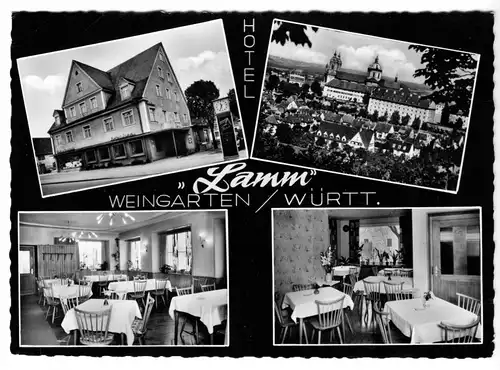 AK, Weingarten Württ., Hotel "Lamm", vier Abb., 1961