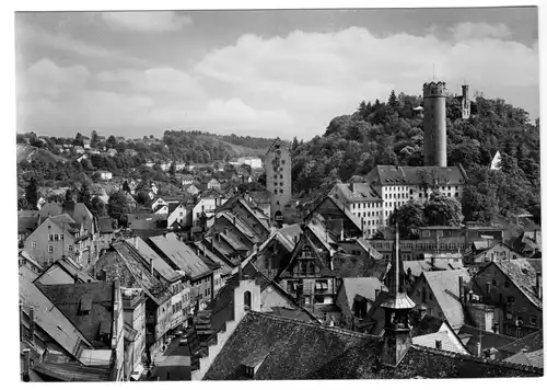 AK, Ravensburg, Blick vom Blaserturm auf Obertor, Mehlsack u. Veitsburg, um 1968