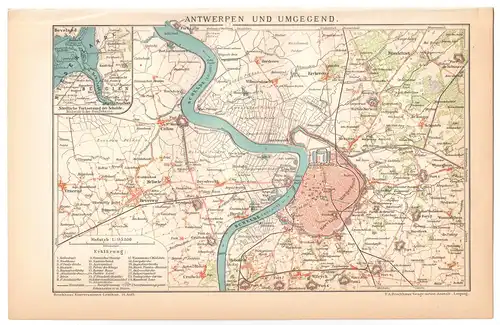 Historische Landkarte, Antwerpen und Umgegend,  Lithografie, 1895