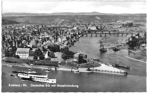 AK, Koblenz am Rhein, Deutsches Eck mit Moselmündung, Schwimmbagger, um 1960