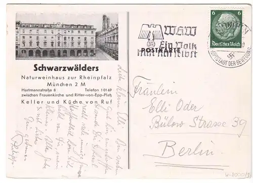 AK, München, Schwarzwälders Naturweinhaus zur Rheinpfalz, Winzerzimmer, 1938