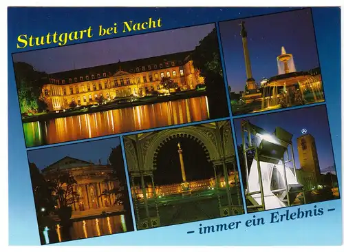 AK, Stuttgart, fünf Nachtansichten, um 1995