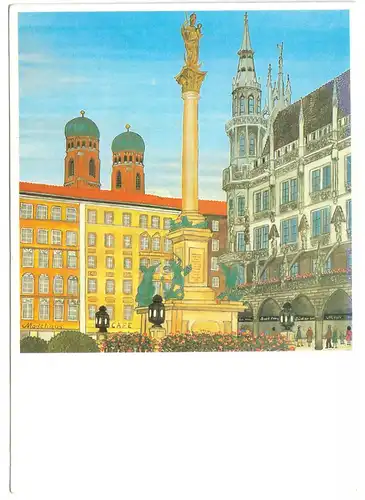AK, München, Mariensäule mit Rathaus, Künstlerkarte, 1984